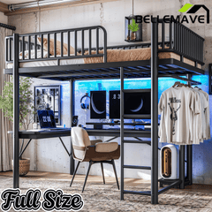 Bellemave® Metal Loft Bed with L - Shaped Desk,LED Lights & Charging Station,Heavy Duty Loft Bed Frame with Hanging Rod & CPU Tray for Kids, Teens & Adults - Bellemave