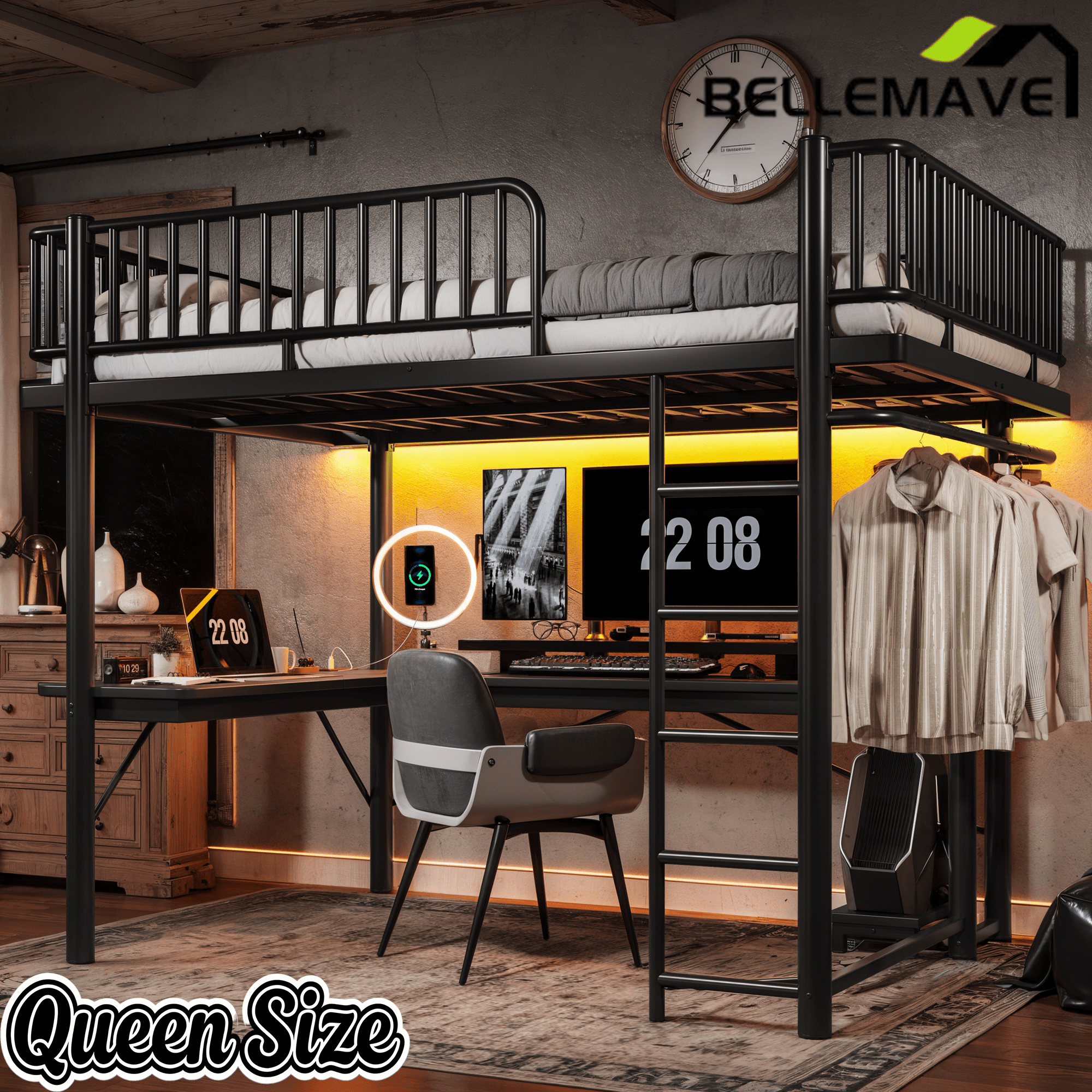 Bellemave® Metal Loft Bed with L - Shaped Desk,LED Lights & Charging Station,Heavy Duty Loft Bed Frame with Hanging Rod & CPU Tray for Kids, Teens & Adults - Bellemave