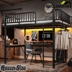 Bellemave® Metal Loft Bed with L - Shaped Desk,LED Lights & Charging Station,Heavy Duty Loft Bed Frame with Hanging Rod & CPU Tray for Kids, Teens & Adults - Bellemave