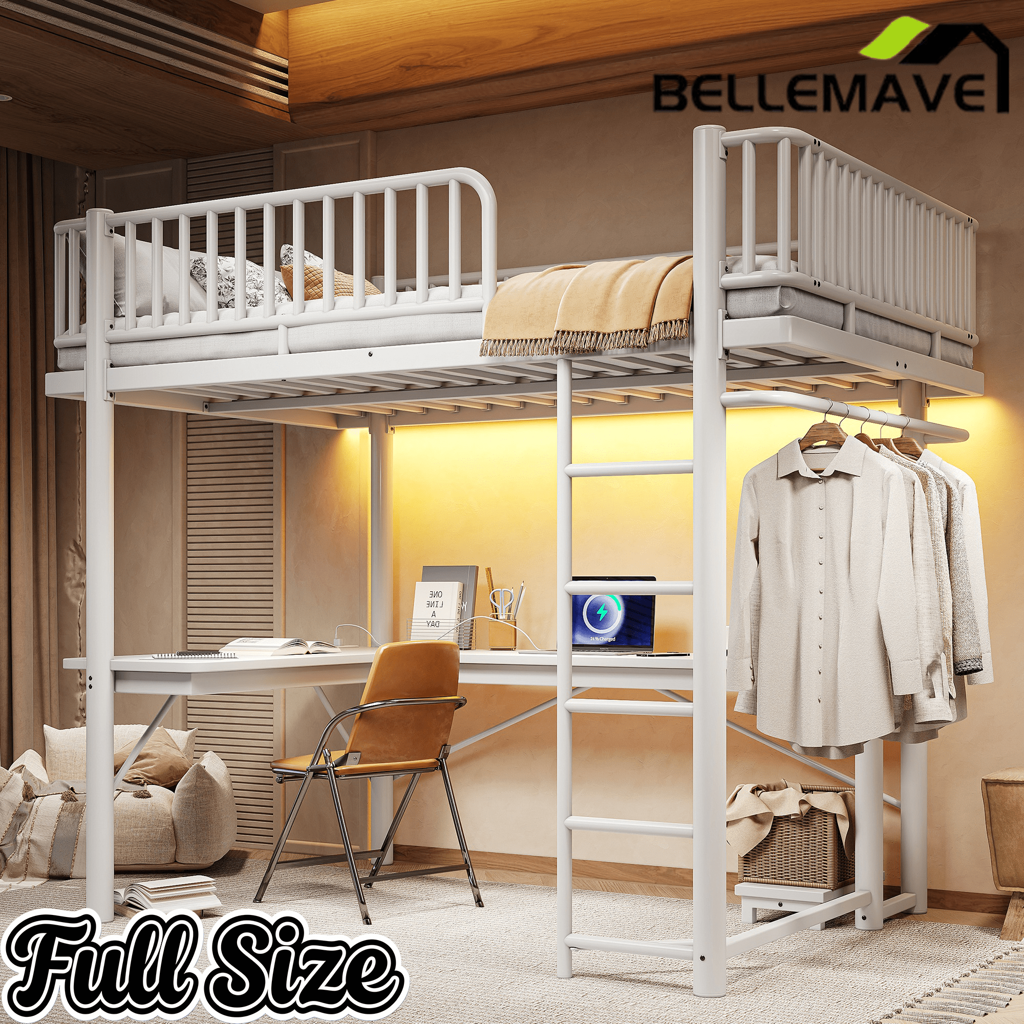 Bellemave® Metal Loft Bed with L - Shaped Desk,LED Lights & Charging Station,Heavy Duty Loft Bed Frame with Hanging Rod & CPU Tray for Kids, Teens & Adults - Bellemave
