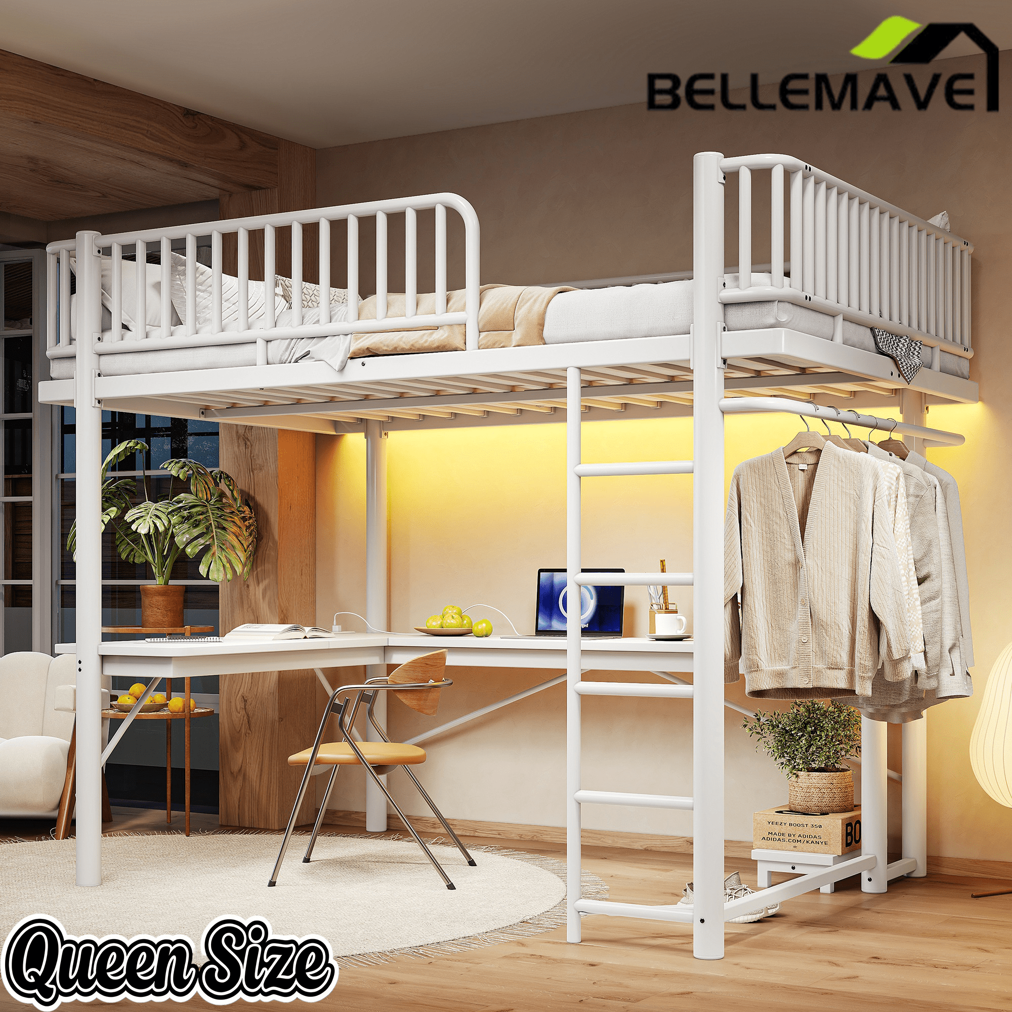 Bellemave® Metal Loft Bed with L - Shaped Desk,LED Lights & Charging Station,Heavy Duty Loft Bed Frame with Hanging Rod & CPU Tray for Kids, Teens & Adults - Bellemave