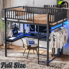 Bellemave® Metal Loft Bed with L - Shaped Desk,LED Lights & Charging Station,Heavy Duty Loft Bed Frame with Hanging Rod & CPU Tray for Kids, Teens & Adults - Bellemave