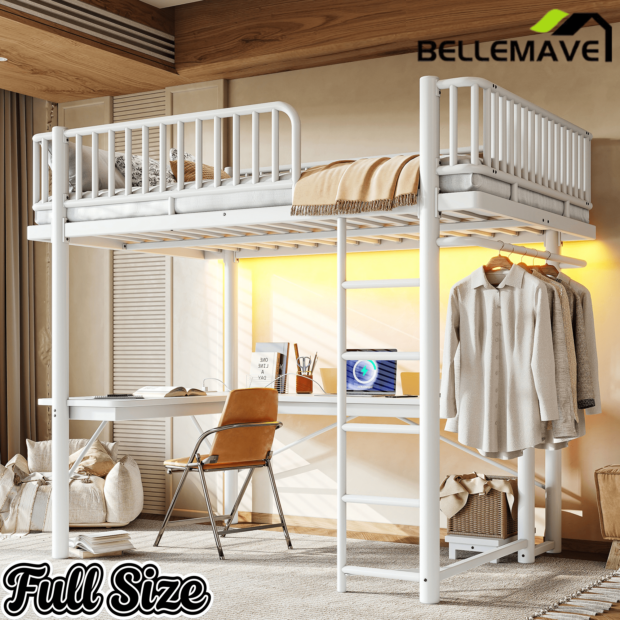 Bellemave® Metal Loft Bed with L - Shaped Desk,LED Lights & Charging Station,Heavy Duty Loft Bed Frame with Hanging Rod & CPU Tray for Kids, Teens & Adults - Bellemave