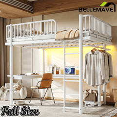 Bellemave® Metal Loft Bed with L - Shaped Desk,LED Lights & Charging Station,Heavy Duty Loft Bed Frame with Hanging Rod & CPU Tray for Kids, Teens & Adults - Bellemave