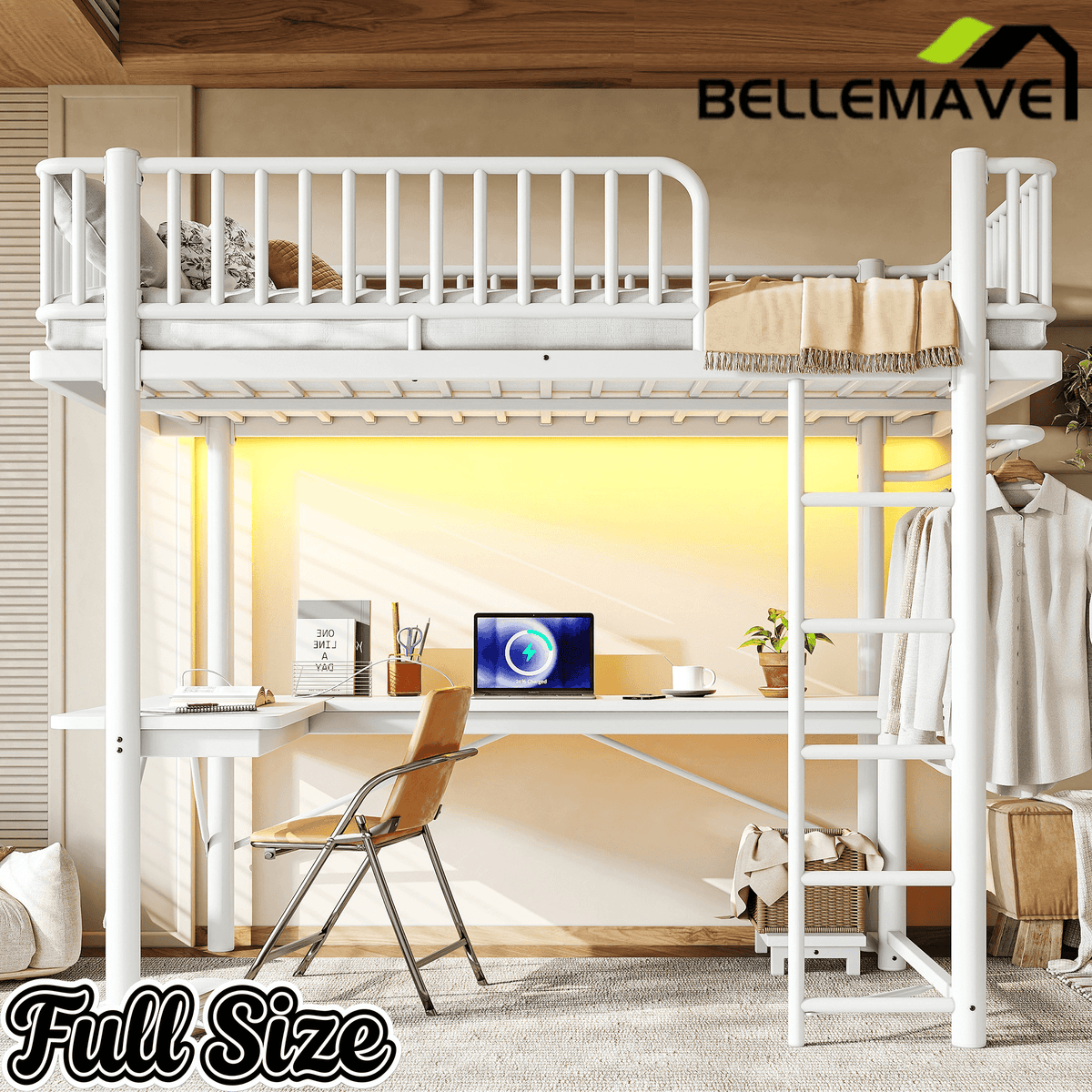 Bellemave® Metal Loft Bed with L - Shaped Desk,LED Lights & Charging Station,Heavy Duty Loft Bed Frame with Hanging Rod & CPU Tray for Kids, Teens & Adults - Bellemave