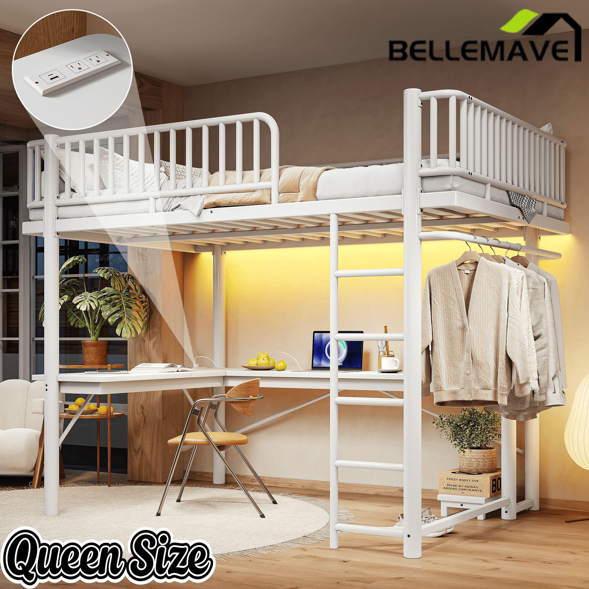 Bellemave® Metal Loft Bed with L - Shaped Desk,LED Lights & Charging Station,Heavy Duty Loft Bed Frame with Hanging Rod & CPU Tray for Kids, Teens & Adults - Bellemave