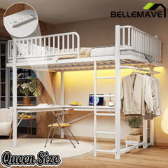 Bellemave® Metal Loft Bed with L - Shaped Desk,LED Lights & Charging Station,Heavy Duty Loft Bed Frame with Hanging Rod & CPU Tray for Kids, Teens & Adults - Bellemave