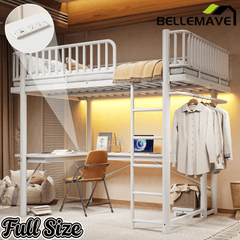 Bellemave® Metal Loft Bed with L - Shaped Desk,LED Lights & Charging Station,Heavy Duty Loft Bed Frame with Hanging Rod & CPU Tray for Kids, Teens & Adults - Bellemave