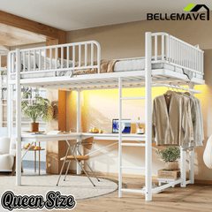 Bellemave® Metal Loft Bed with L - Shaped Desk,LED Lights & Charging Station,Heavy Duty Loft Bed Frame with Hanging Rod & CPU Tray for Kids, Teens & Adults - Bellemave