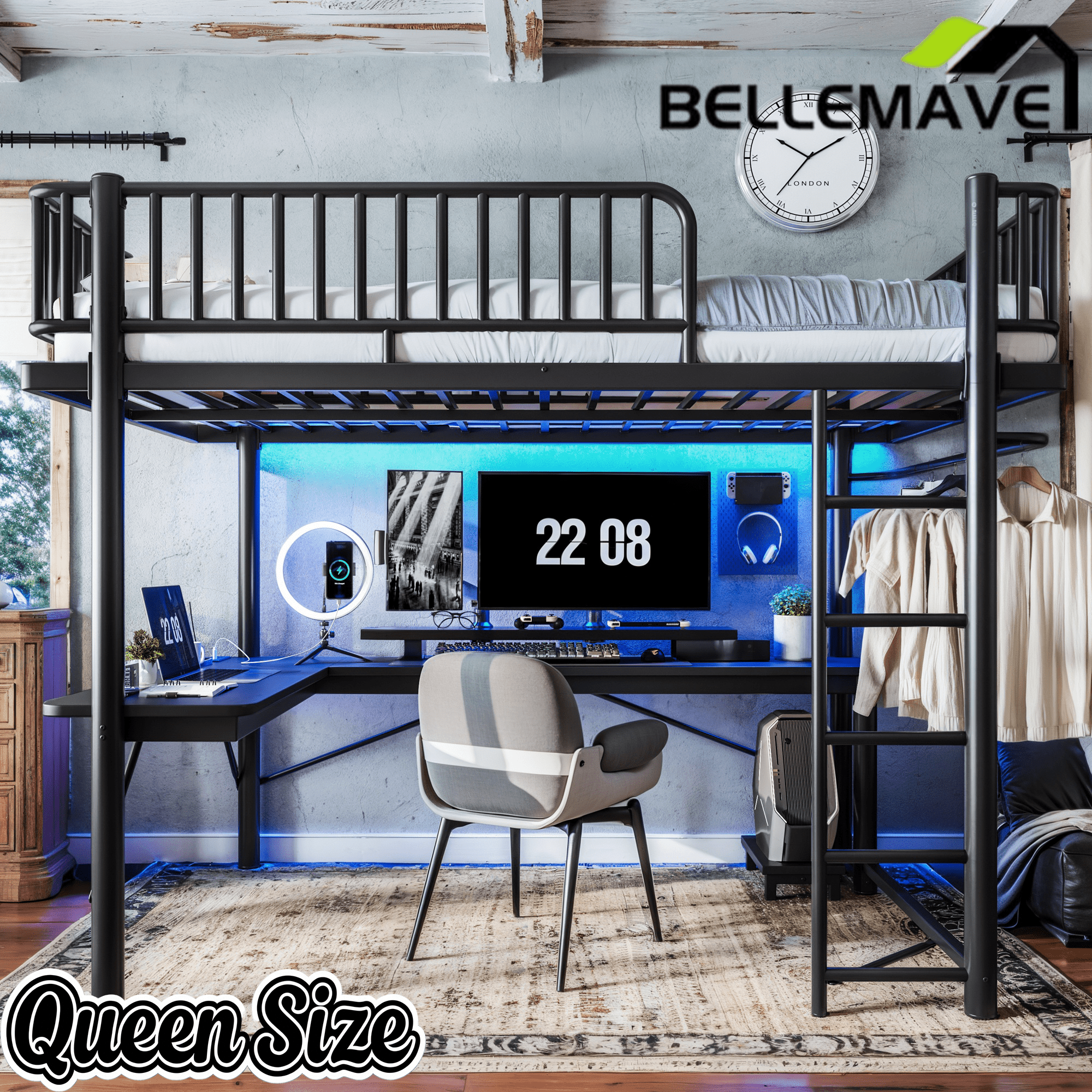 Bellemave® Metal Loft Bed with L - Shaped Desk,LED Lights & Charging Station,Heavy Duty Loft Bed Frame with Hanging Rod & CPU Tray for Kids, Teens & Adults - Bellemave