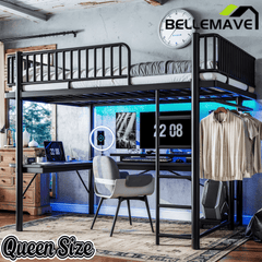 Bellemave® Metal Loft Bed with L - Shaped Desk,LED Lights & Charging Station,Heavy Duty Loft Bed Frame with Hanging Rod & CPU Tray for Kids, Teens & Adults - Bellemave