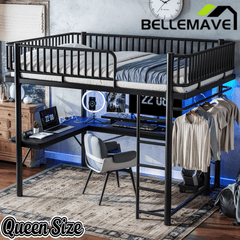 Bellemave® Metal Loft Bed with L - Shaped Desk,LED Lights & Charging Station,Heavy Duty Loft Bed Frame with Hanging Rod & CPU Tray for Kids, Teens & Adults - Bellemave