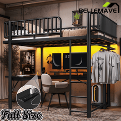 Bellemave® Metal Loft Bed with L - Shaped Desk,LED Lights & Charging Station,Heavy Duty Loft Bed Frame with Hanging Rod & CPU Tray for Kids, Teens & Adults - Bellemave