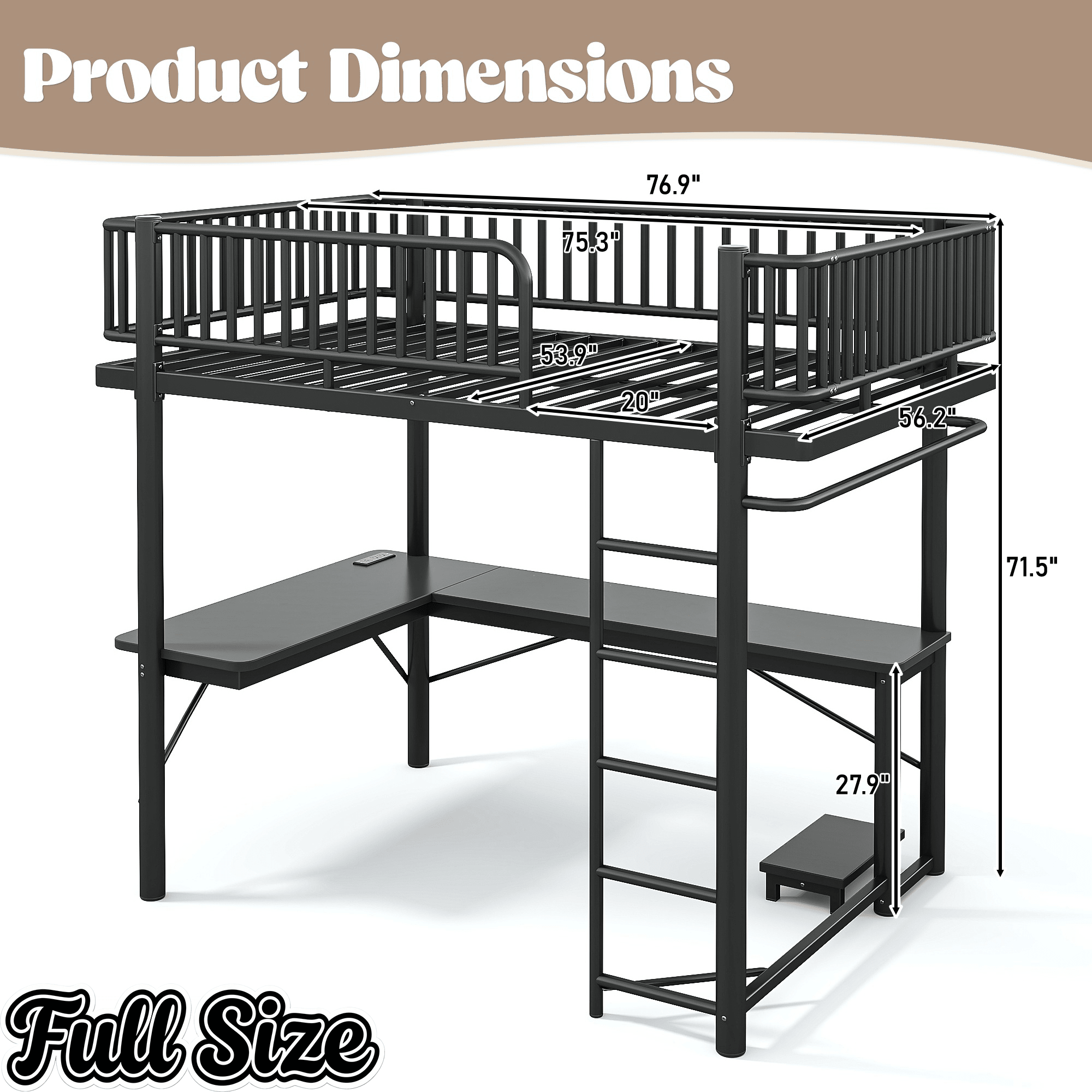 Bellemave® Metal Loft Bed with L - Shaped Desk,LED Lights & Charging Station,Heavy Duty Loft Bed Frame with Hanging Rod & CPU Tray for Kids, Teens & Adults - Bellemave