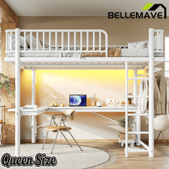 Bellemave® Metal Loft Bed with L - Shaped Desk,LED Lights & Charging Station,Heavy Duty Loft Bed Frame with Hanging Rod & CPU Tray for Kids, Teens & Adults - Bellemave