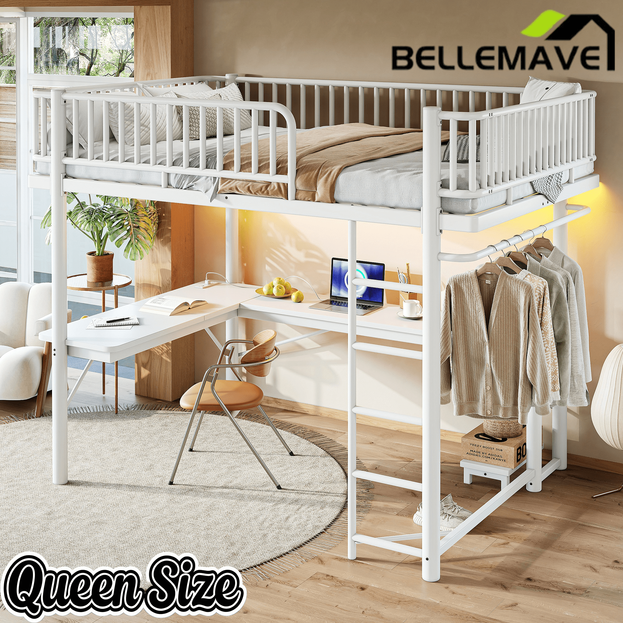 Bellemave® Metal Loft Bed with L - Shaped Desk,LED Lights & Charging Station,Heavy Duty Loft Bed Frame with Hanging Rod & CPU Tray for Kids, Teens & Adults - Bellemave
