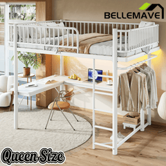 Bellemave® Metal Loft Bed with L - Shaped Desk,LED Lights & Charging Station,Heavy Duty Loft Bed Frame with Hanging Rod & CPU Tray for Kids, Teens & Adults - Bellemave