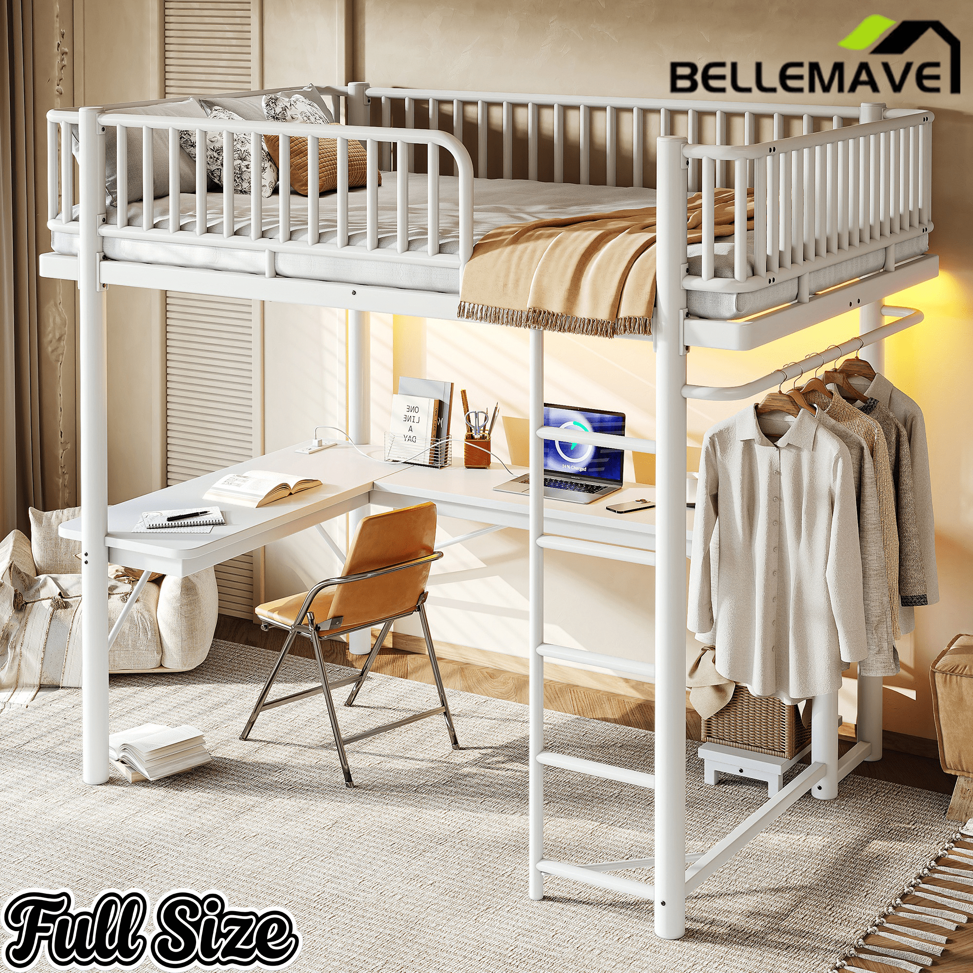 Bellemave® Metal Loft Bed with L - Shaped Desk,LED Lights & Charging Station,Heavy Duty Loft Bed Frame with Hanging Rod & CPU Tray for Kids, Teens & Adults - Bellemave