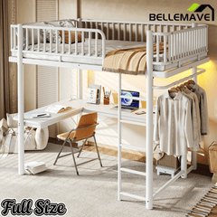 Bellemave® Metal Loft Bed with L - Shaped Desk,LED Lights & Charging Station,Heavy Duty Loft Bed Frame with Hanging Rod & CPU Tray for Kids, Teens & Adults - Bellemave