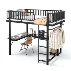 Bellemave® Metal Loft Bed with L - Shaped Desk,LED Lights & Charging Station,Heavy Duty Loft Bed Frame with Hanging Rod & CPU Tray for Kids, Teens & Adults - Bellemave