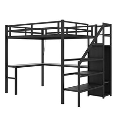 Bellemave® Metal Loft Bed with L - shaped Desk,Wardrobe and Adjustable Shelf - Bellemave