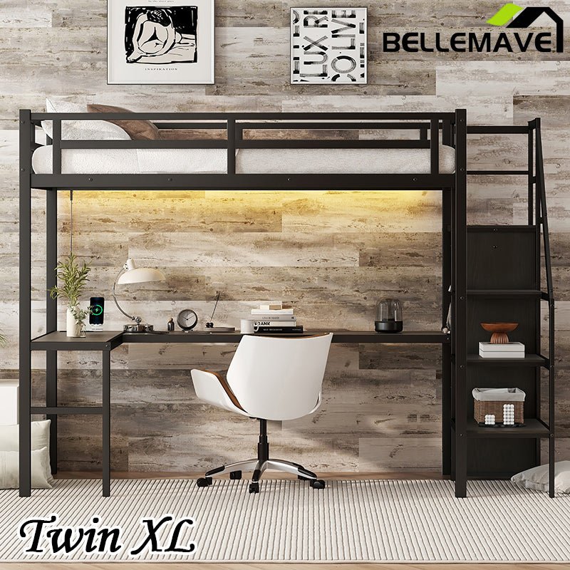 Bellemave® Metal Loft Bed with L - shaped Desk,Wardrobe and Adjustable Shelf - Bellemave