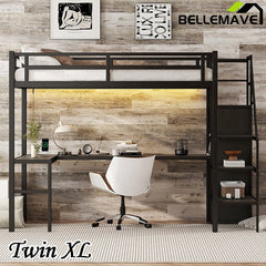 Bellemave® Metal Loft Bed with L - shaped Desk,Wardrobe and Adjustable Shelf - Bellemave