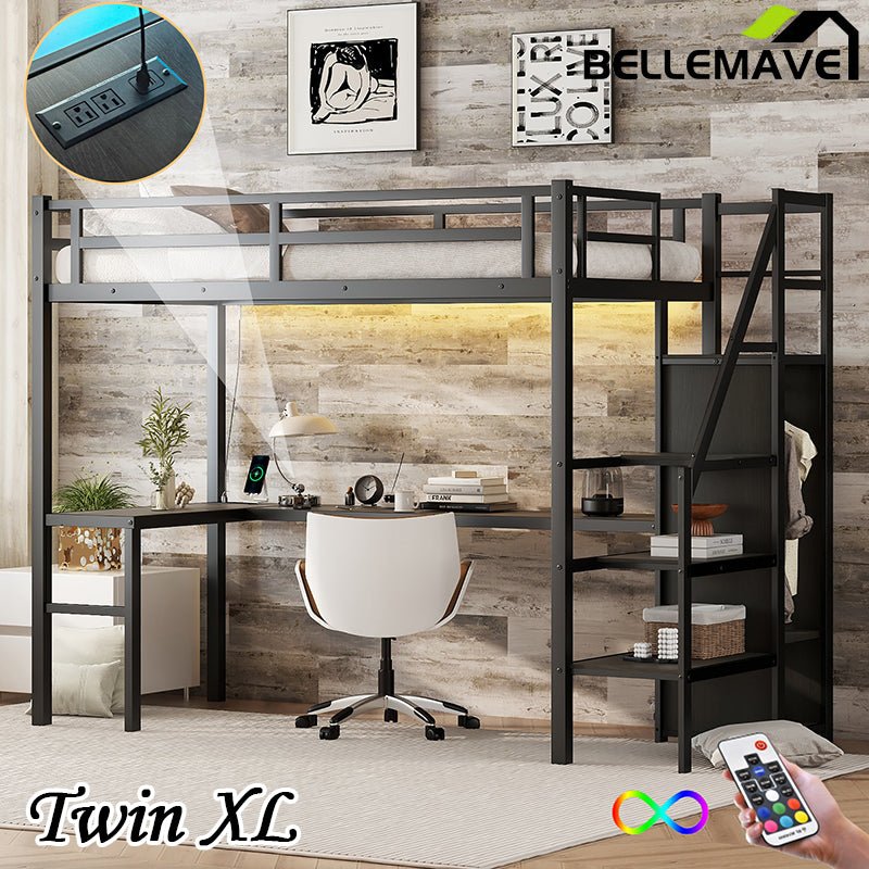 Bellemave® Metal Loft Bed with L - shaped Desk,Wardrobe and Adjustable Shelf - Bellemave