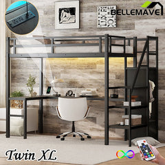 Bellemave® Metal Loft Bed with L - shaped Desk,Wardrobe and Adjustable Shelf - Bellemave