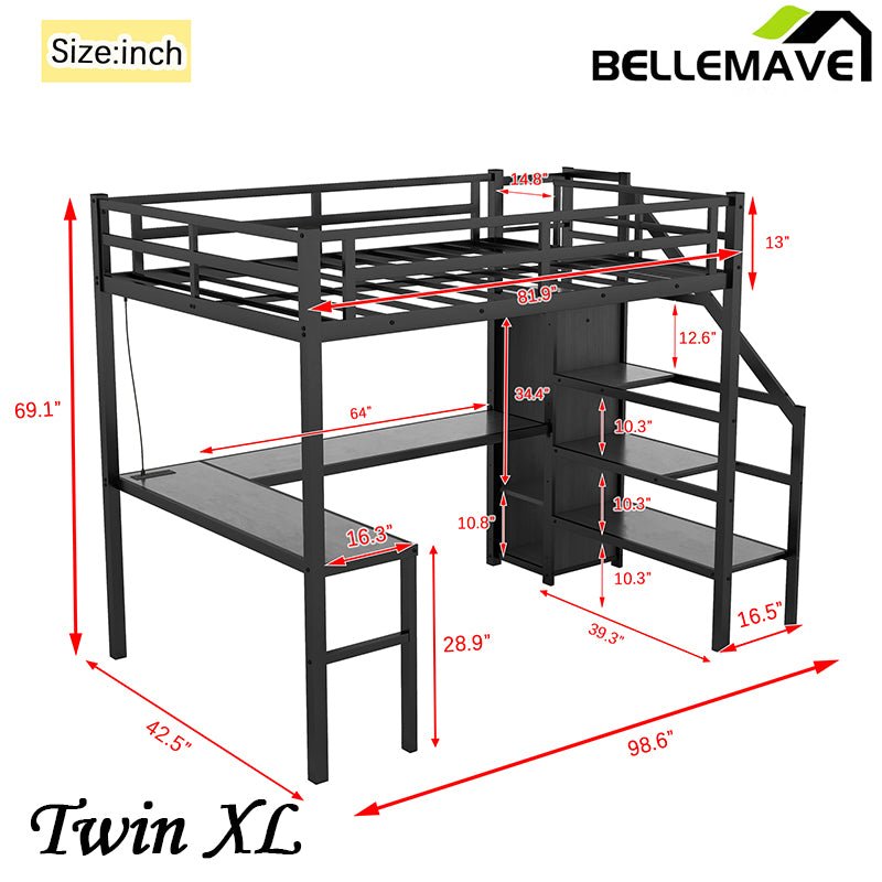 Bellemave® Metal Loft Bed with L - shaped Desk,Wardrobe and Adjustable Shelf - Bellemave