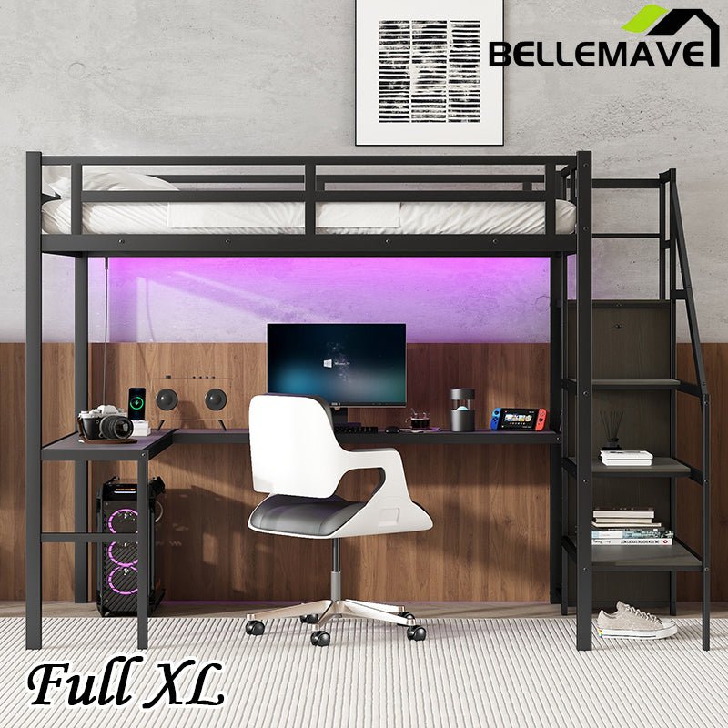 Bellemave® Metal Loft Bed with L - shaped Desk,Wardrobe and Adjustable Shelf - Bellemave