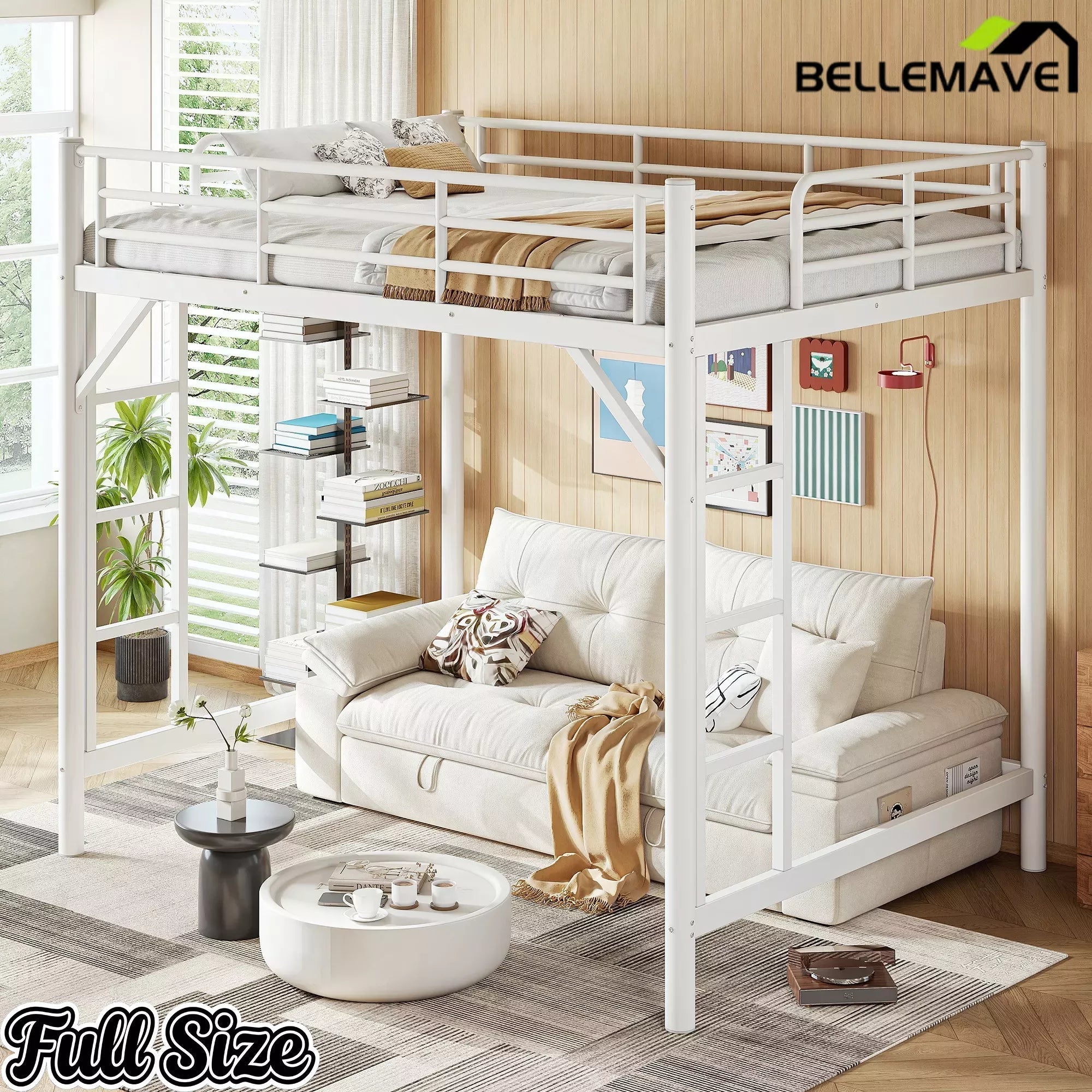Bellemave® Metal Loft Bed with Ladder & Guardrails – Space-Saving Loft Bed Frame for Small Room, No Box Spring Needed - Bellemave