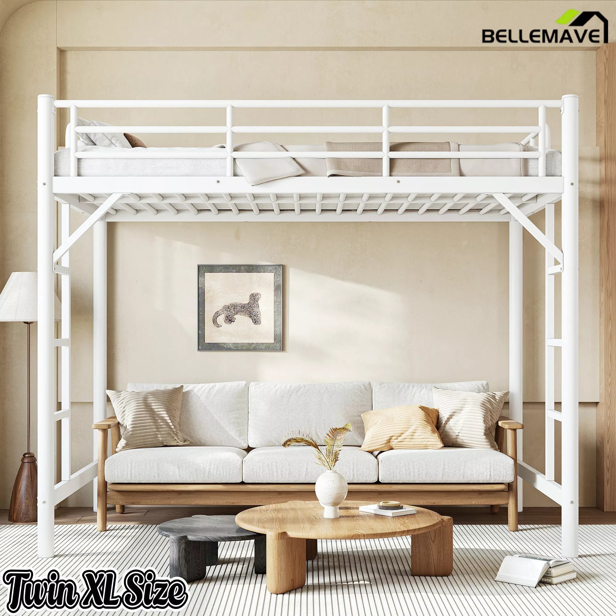 Bellemave® Metal Loft Bed with Ladder & Guardrails – Space-Saving Loft Bed Frame for Small Room, No Box Spring Needed - Bellemave