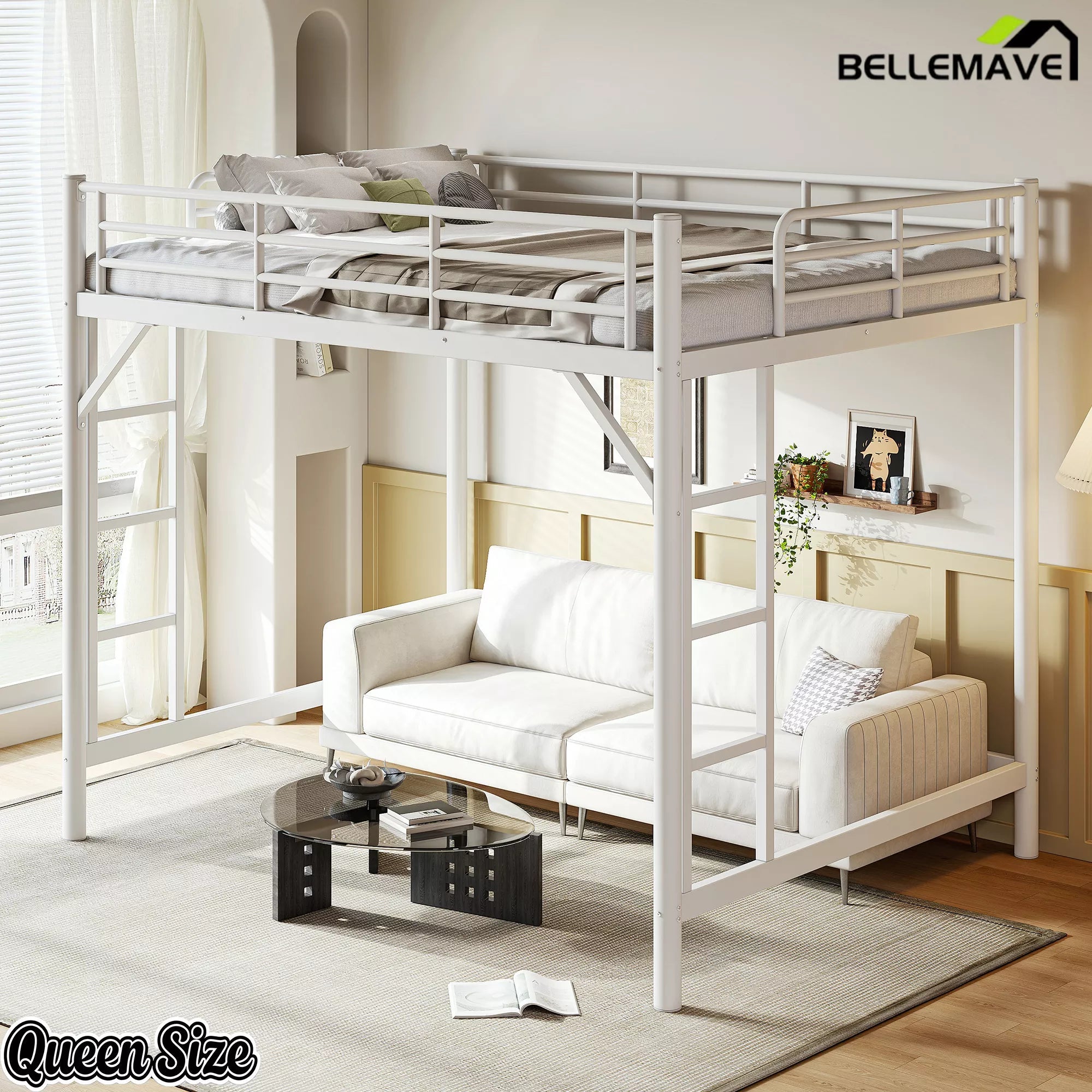 Bellemave® Metal Loft Bed with Ladder & Guardrails – Space-Saving Loft Bed Frame for Small Room, No Box Spring Needed - Bellemave