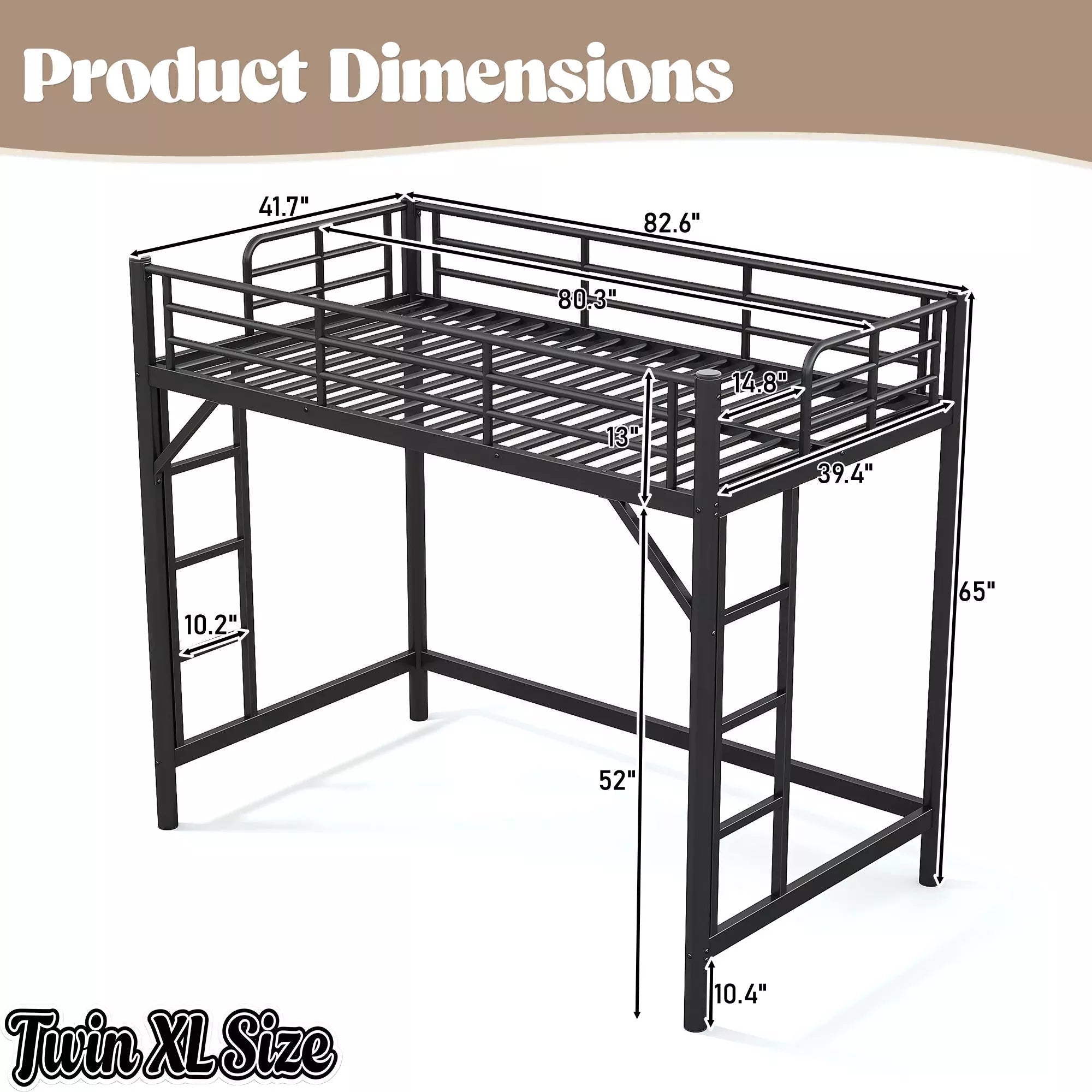 Bellemave® Metal Loft Bed with Ladder & Guardrails – Space-Saving Loft Bed Frame for Small Room, No Box Spring Needed - Bellemave