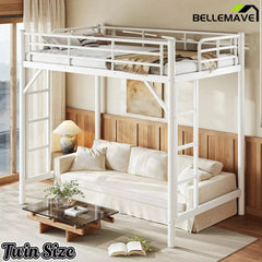 Bellemave® Metal Loft Bed with Ladder & Guardrails – Space-Saving Loft Bed Frame for Small Room, No Box Spring Needed - Bellemave