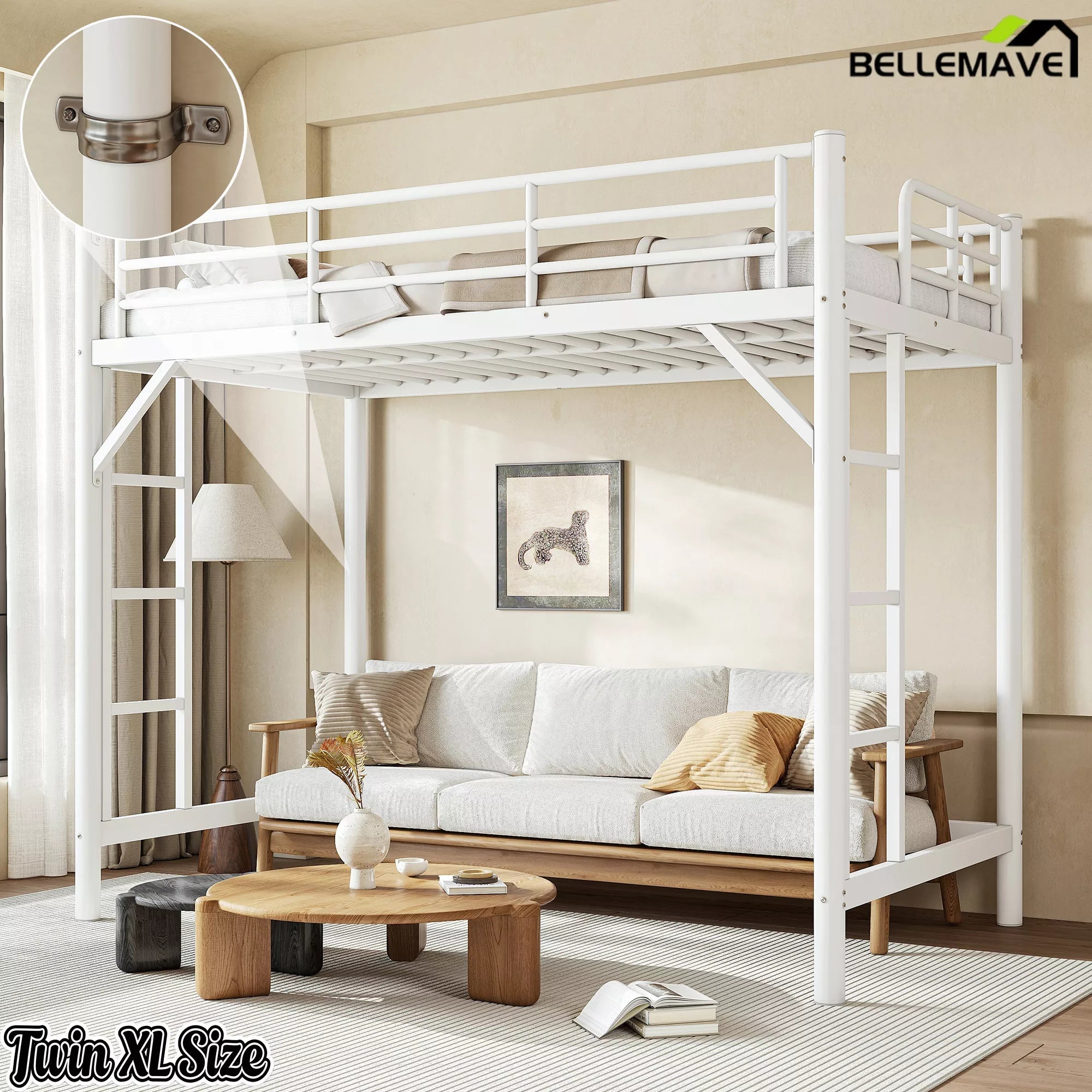 Bellemave® Metal Loft Bed with Ladder & Guardrails – Space-Saving Loft Bed Frame for Small Room, No Box Spring Needed - Bellemave