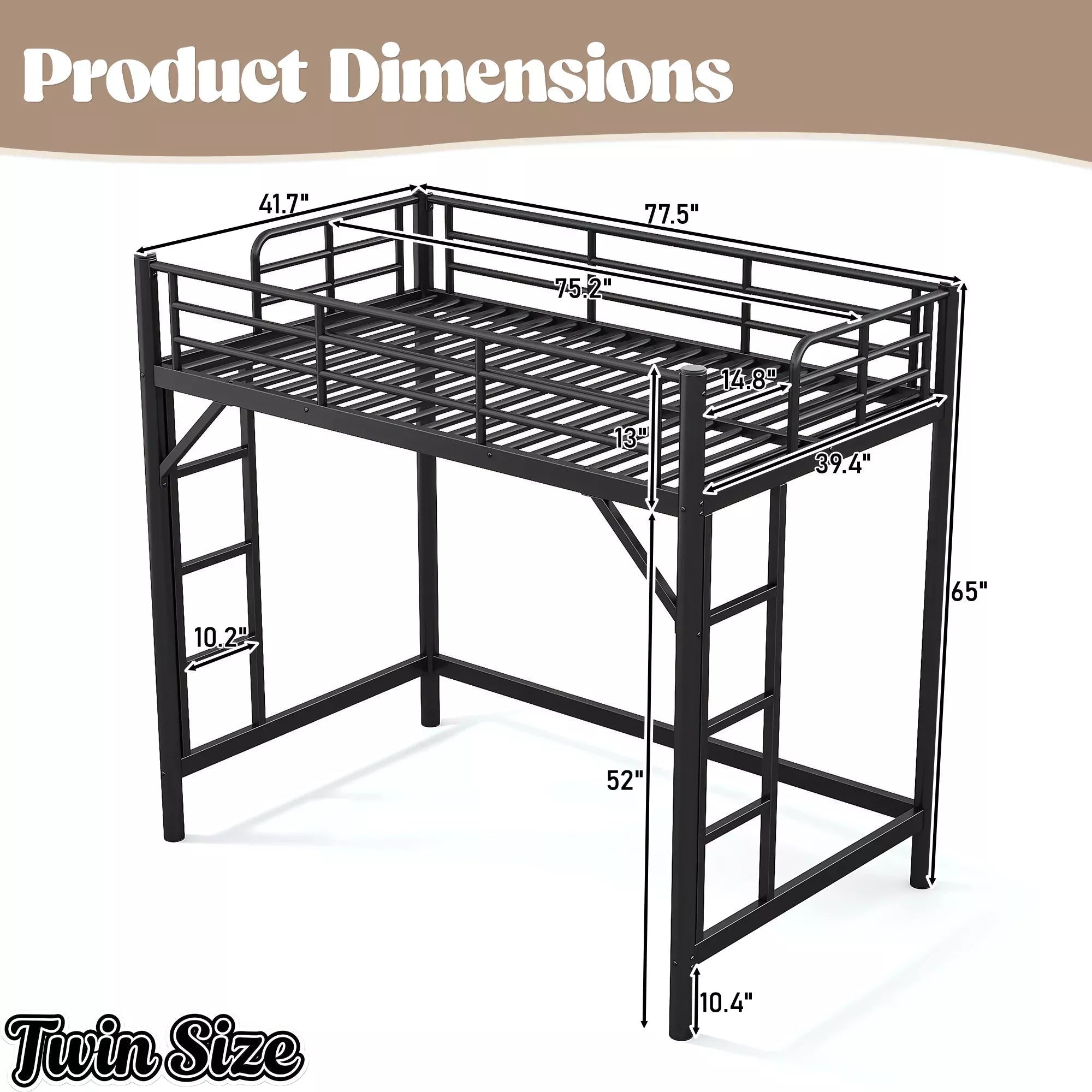 Bellemave® Metal Loft Bed with Ladder & Guardrails – Space-Saving Loft Bed Frame for Small Room, No Box Spring Needed - Bellemave