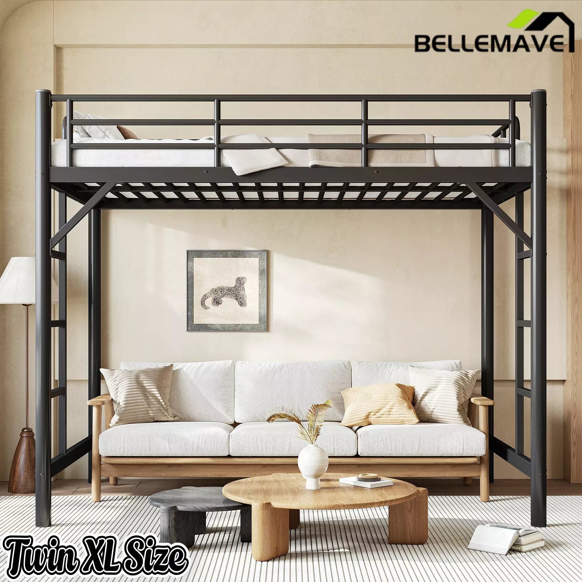 Bellemave® Metal Loft Bed with Ladder & Guardrails – Space-Saving Loft Bed Frame for Small Room, No Box Spring Needed - Bellemave