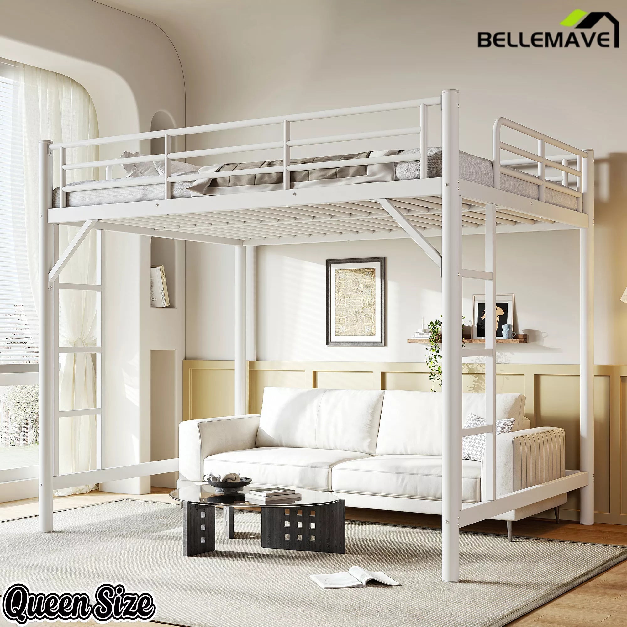Bellemave® Metal Loft Bed with Ladder & Guardrails – Space-Saving Loft Bed Frame for Small Room, No Box Spring Needed - Bellemave