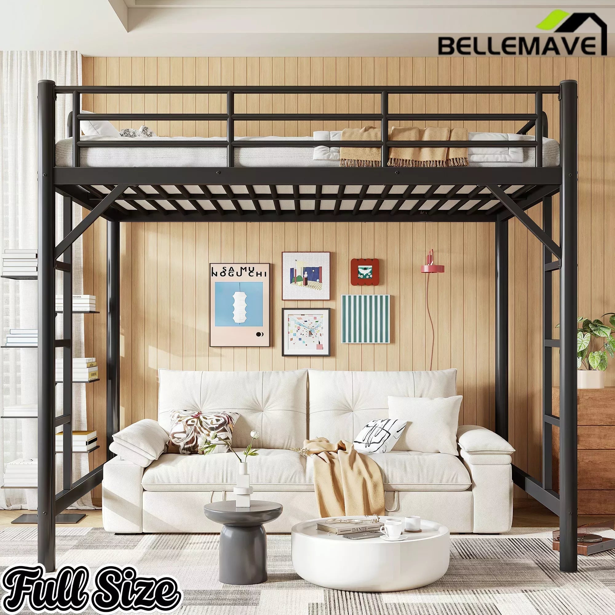 Bellemave® Metal Loft Bed with Ladder & Guardrails – Space-Saving Loft Bed Frame for Small Room, No Box Spring Needed - Bellemave