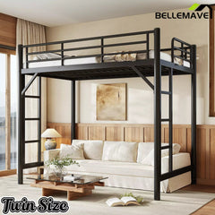 Bellemave® Metal Loft Bed with Ladder & Guardrails – Space-Saving Loft Bed Frame for Small Room, No Box Spring Needed - Bellemave