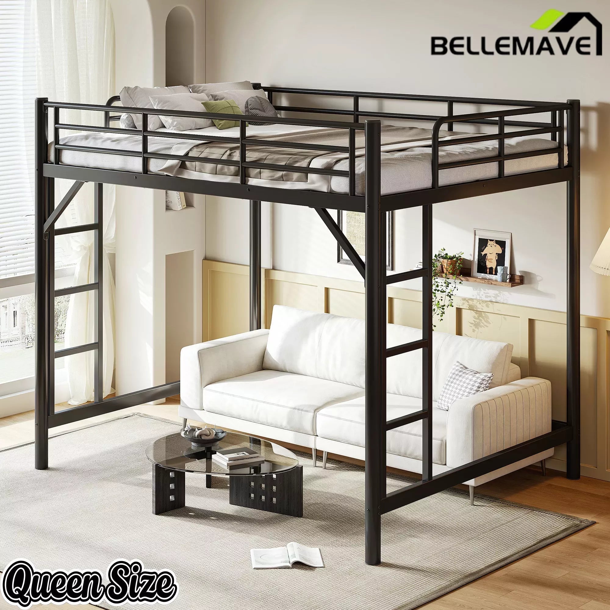 Bellemave® Metal Loft Bed with Ladder & Guardrails – Space-Saving Loft Bed Frame for Small Room, No Box Spring Needed - Bellemave
