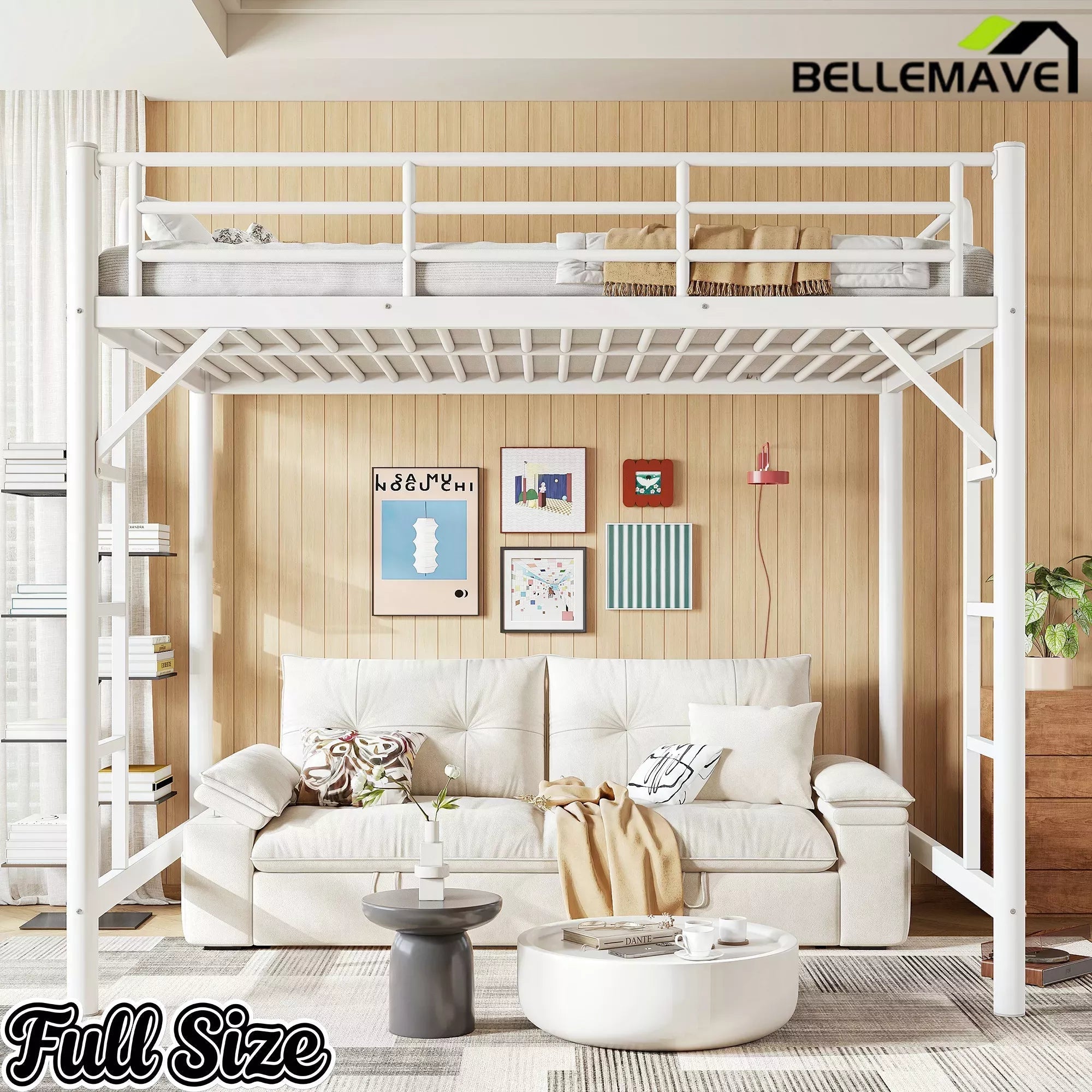 Bellemave® Metal Loft Bed with Ladder & Guardrails – Space-Saving Loft Bed Frame for Small Room, No Box Spring Needed - Bellemave