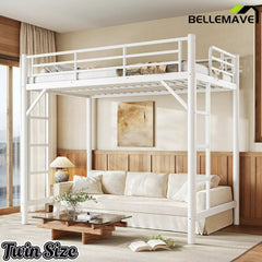 Bellemave® Metal Loft Bed with Ladder & Guardrails – Space-Saving Loft Bed Frame for Small Room, No Box Spring Needed - Bellemave