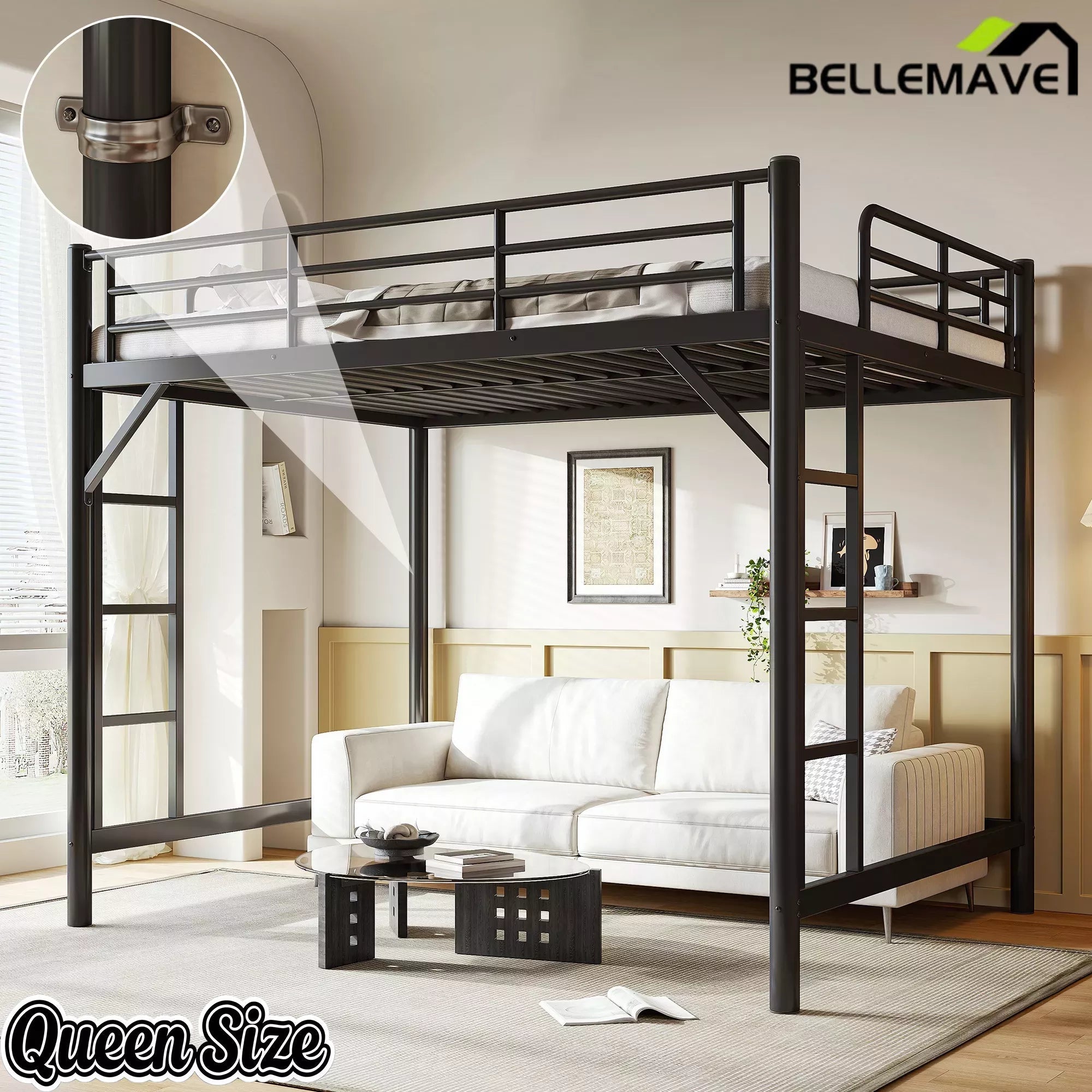 Bellemave® Metal Loft Bed with Ladder & Guardrails – Space-Saving Loft Bed Frame for Small Room, No Box Spring Needed - Bellemave