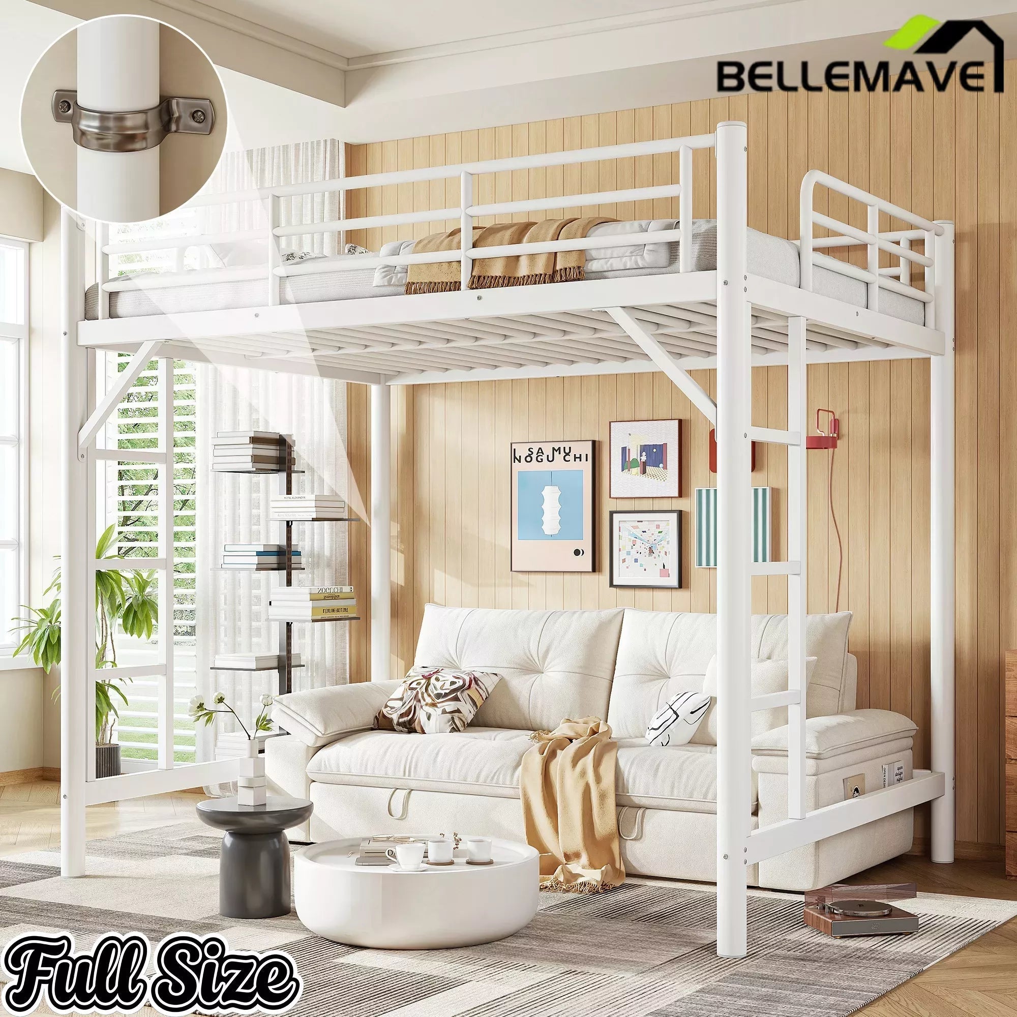 Bellemave® Metal Loft Bed with Ladder & Guardrails – Space-Saving Loft Bed Frame for Small Room, No Box Spring Needed - Bellemave