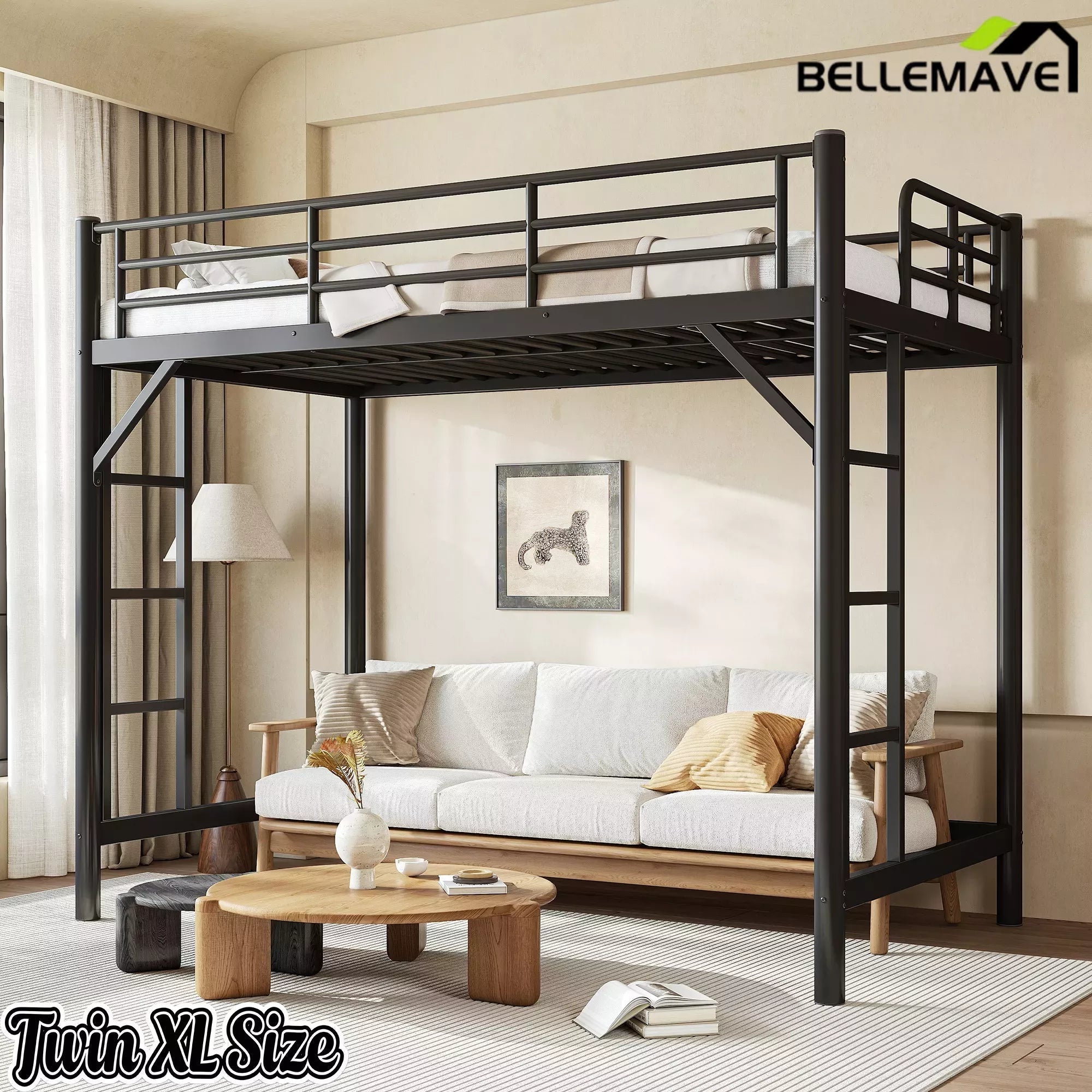 Bellemave® Metal Loft Bed with Ladder & Guardrails – Space-Saving Loft Bed Frame for Small Room, No Box Spring Needed - Bellemave