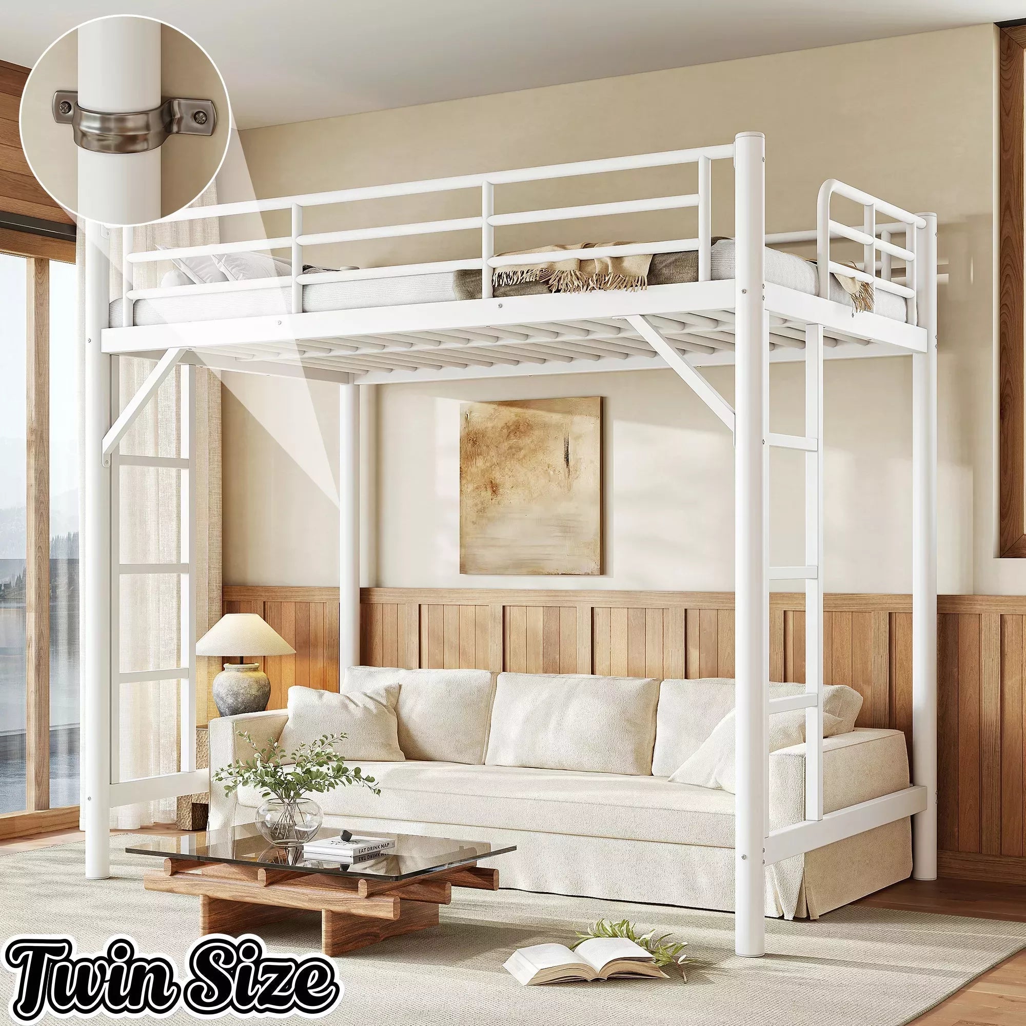 Bellemave® Metal Loft Bed with Ladder & Guardrails – Space-Saving Loft Bed Frame for Small Room, No Box Spring Needed - Bellemave