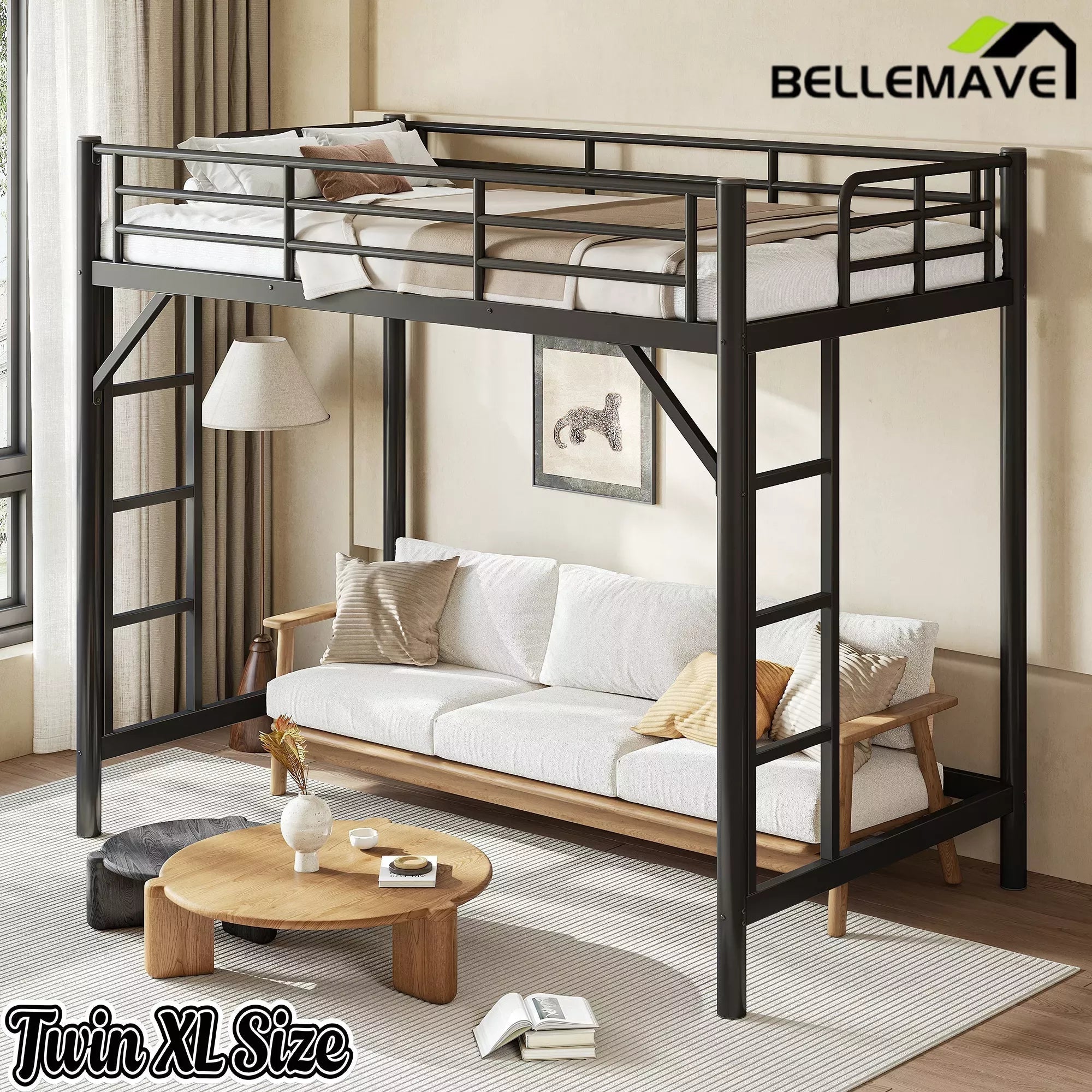Bellemave® Metal Loft Bed with Ladder & Guardrails – Space-Saving Loft Bed Frame for Small Room, No Box Spring Needed - Bellemave